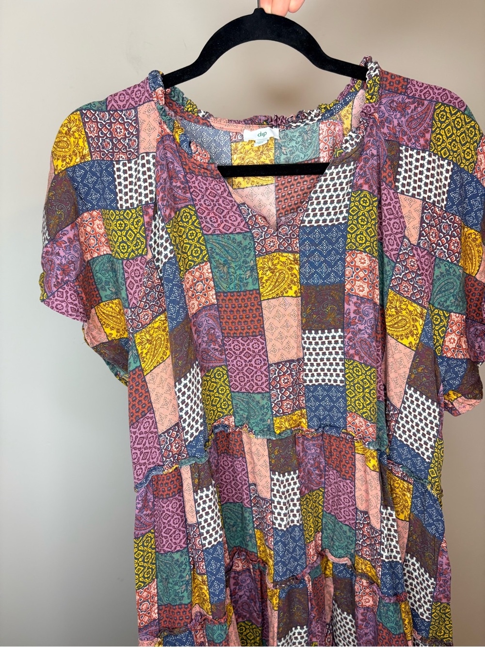 dip Multicolor Boho Patchwork Short Sleeve Tiered Dress Size 2X - Picture 3 of 7